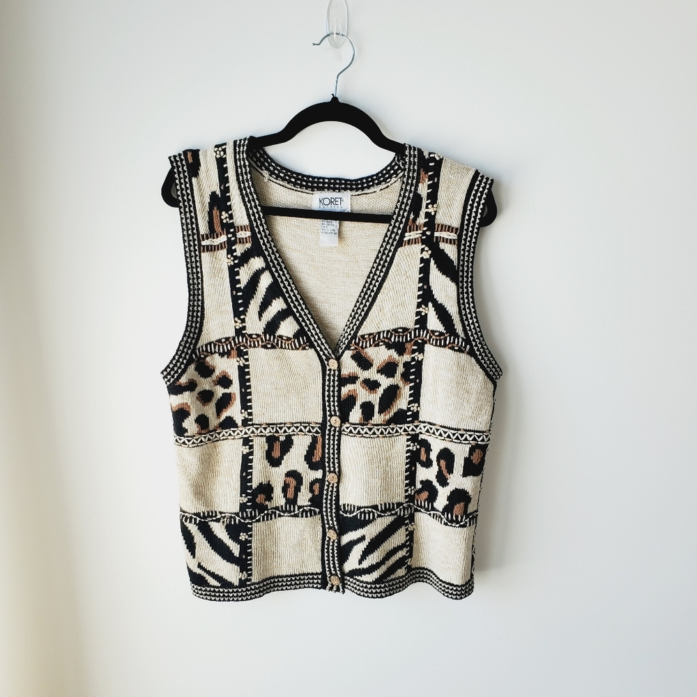 Vintage Beige Black Brown Animal Print Sweater Vest
